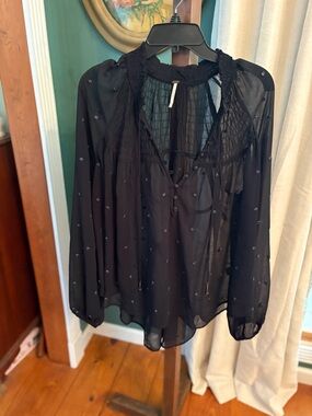 Free People Black Sheer Long-Sleeve Blouse